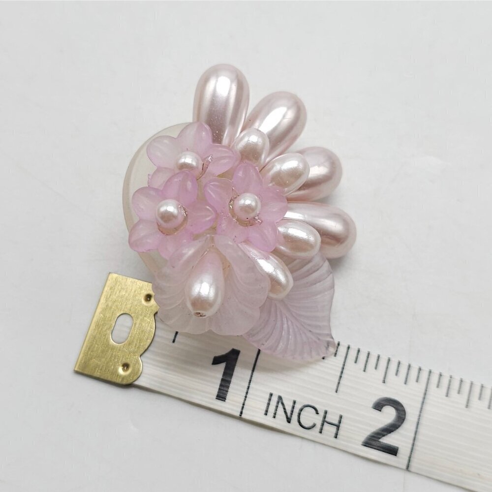 Vintage 1980s Pink Floral Stud Earrings With Faux Pearl Acrylic Leaf Accents - Picture 5 of 5